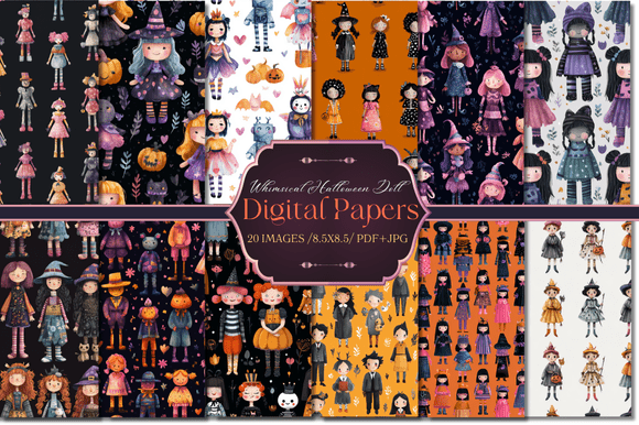 Download Whimsical Halloween Doll Digital Papers - Doll Collection