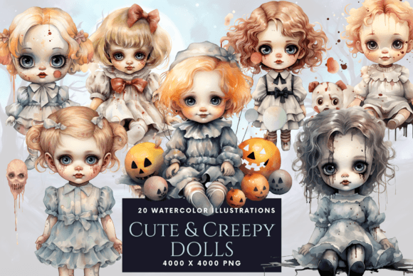 Download Cute &amp; Creepy Doll Watercolor Clip Art - Doll Collection